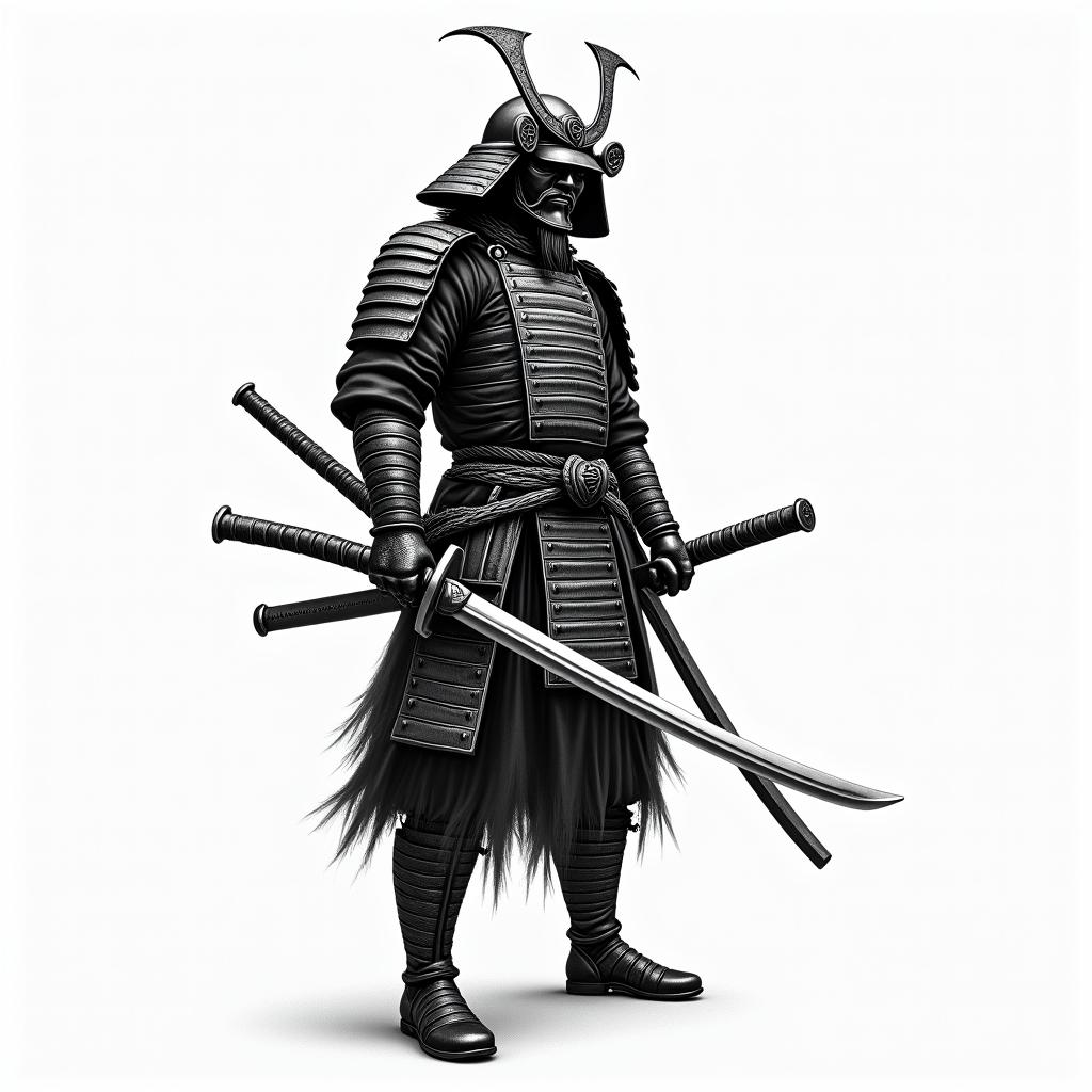 Samurai with a katanatext-based tattoo, gothic font ultra-realistic, perfectly placed, high-quality font design, photo-realistic shading, 8k, high quality, finely detailed typography