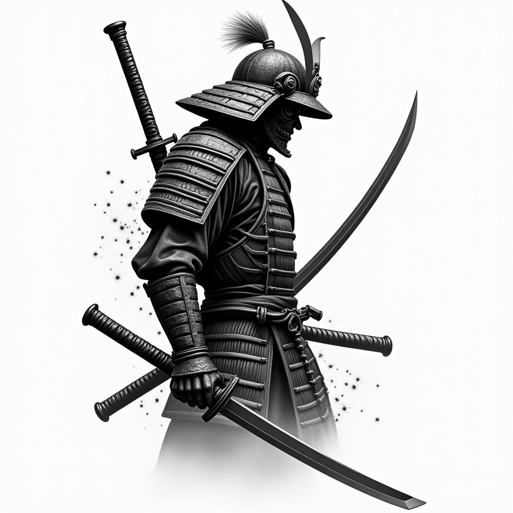 Samurai with a katanatext-based tattoo, gothic font ultra-realistic, perfectly placed, high-quality font design, photo-realistic shading, 8k, high quality, finely detailed typography - Variation 3