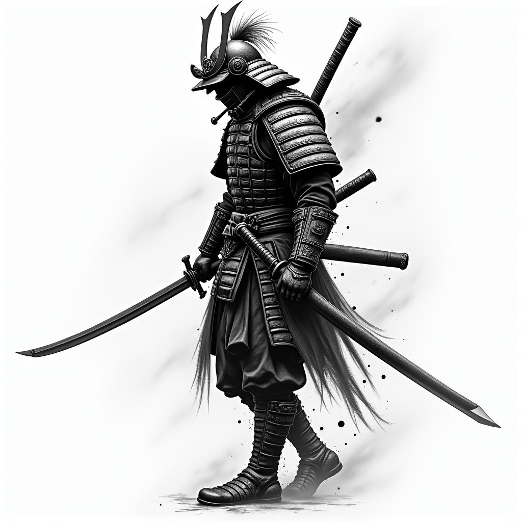 Samurai with a katanatext-based tattoo, gothic font ultra-realistic, perfectly placed, high-quality font design, photo-realistic shading, 8k, high quality, finely detailed typography - Variation 4