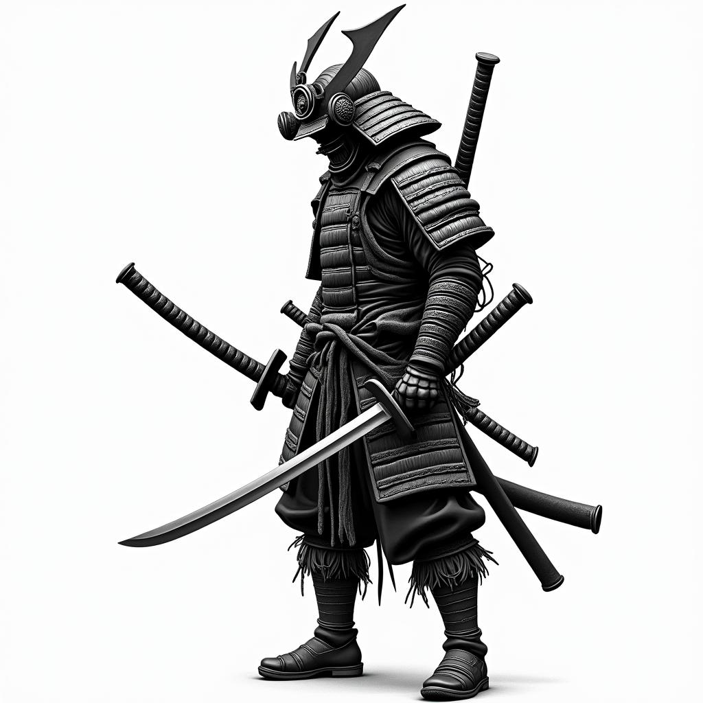 Samurai with a katanatext-based tattoo, gothic font ultra-realistic, perfectly placed, high-quality font design, photo-realistic shading, 8k, high quality, finely detailed typography - Variation 2