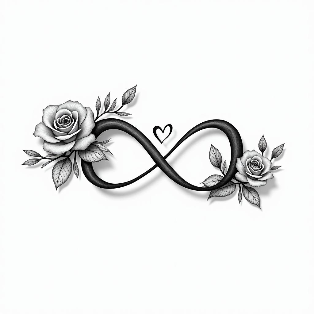 Robert written with the infinity symbolin elegant cursive calligraphy style 2d tattoo, decorate with roses, featuring a smooth and flowing handwritten script with slightly thickened strokes for a luxurious and bold appearance,  heart symbol between names,  sleek and glossy black text with shadowing, minimalist matte white background, clean and sharp edges, illuminated with soft lighting, romantic, 8k, high-quality textures with refined typography - Variation 7