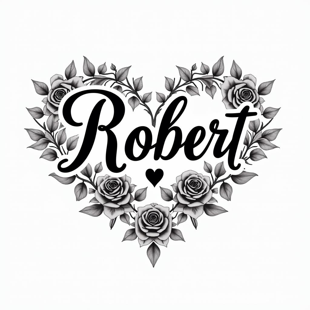 Robert written with the infinity symbolin elegant cursive calligraphy style 2d tattoo, decorate with roses, featuring a smooth and flowing handwritten script with slightly thickened strokes for a luxurious and bold appearance,  heart symbol between names,  sleek and glossy black text with shadowing, minimalist matte white background, clean and sharp edges, illuminated with soft lighting, romantic, 8k, high-quality textures with refined typography - Variation 8