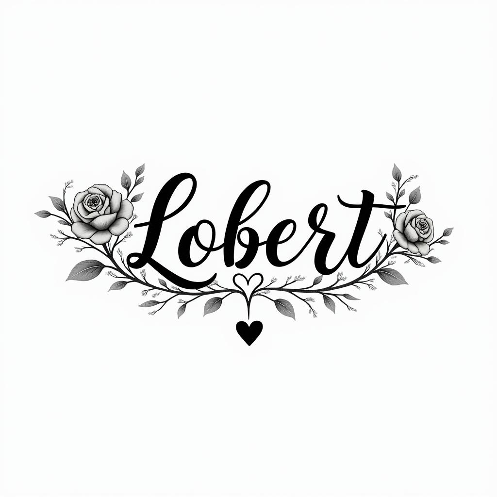 Robert written with the infinity symbolin elegant cursive calligraphy style 2d tattoo, decorate with roses, featuring a smooth and flowing handwritten script with slightly thickened strokes for a luxurious and bold appearance,  heart symbol between names,  sleek and glossy black text with shadowing, minimalist matte white background, clean and sharp edges, illuminated with soft lighting, romantic, 8k, high-quality textures with refined typography - Variation 6