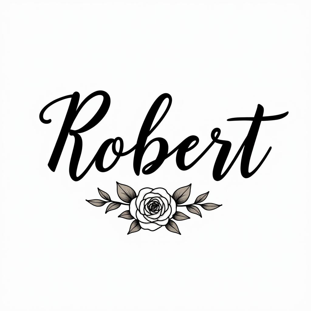 Robert written with the infinity symbolin elegant cursive calligraphy style 2d tattoo, decorate with roses, featuring a smooth and flowing handwritten script with slightly thickened strokes for a luxurious and bold appearance,  heart symbol between names,  sleek and glossy black text with shadowing, minimalist matte white background, clean and sharp edges, illuminated with soft lighting, romantic, 8k, high-quality textures with refined typography - Variation 5