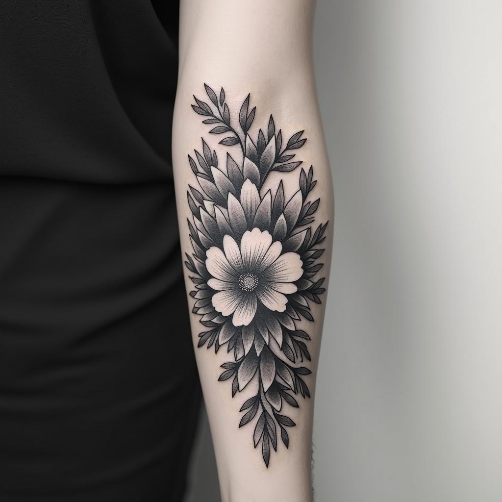 Mongolia flowers. Black and white shaded. Entire forearm.in authentic tattoo style, incorporating traditional modifications, bold black outlines, solid color fills, featuring classic authentic elements