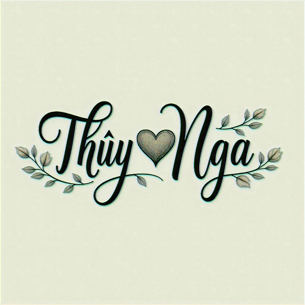 Thuy Nga Nguyen just the name inin elegant cursive calligraphy style 2d tattoo, decorate with roses, featuring a smooth and flowing handwritten script with slightly thickened strokes for a luxurious and bold appearance, heart symbol between names, sleek and glossy black text with shadowing, minimalist matte white background, clean and sharp edges, illuminated with soft lighting, romantic, 8k, high-quality textures with refined typography - Variation 4
