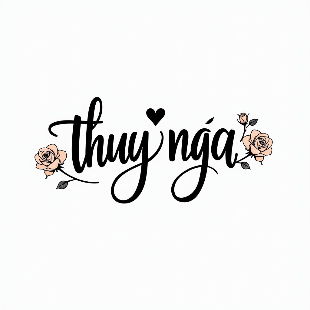 Thuy Nga Nguyen just the name inin elegant cursive calligraphy style 2d tattoo, decorate with roses, featuring a smooth and flowing handwritten script with slightly thickened strokes for a luxurious and bold appearance, heart symbol between names, sleek and glossy black text with shadowing, minimalist matte white background, clean and sharp edges, illuminated with soft lighting, romantic, 8k, high-quality textures with refined typography