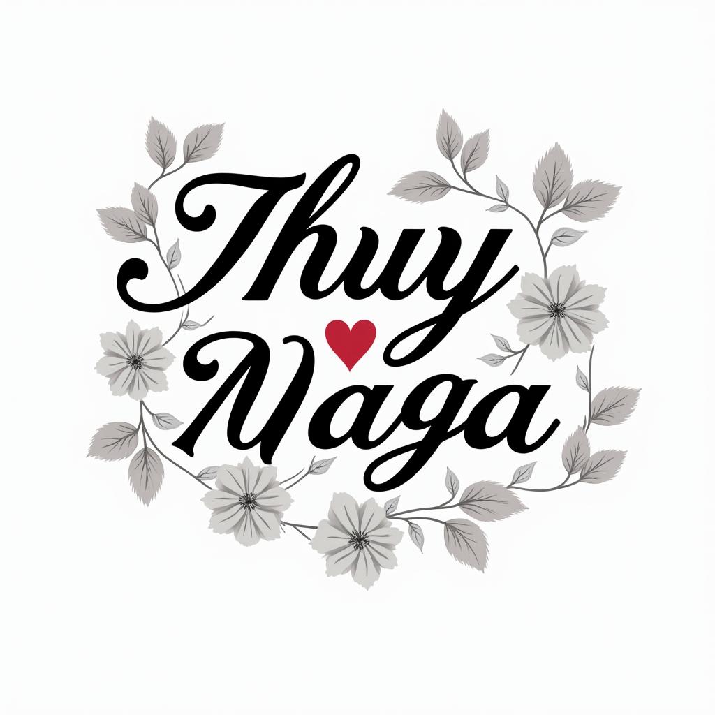 Thuy Nga Nguyen just the name inin elegant cursive calligraphy style 2d tattoo, decorate with roses, featuring a smooth and flowing handwritten script with slightly thickened strokes for a luxurious and bold appearance, heart symbol between names, sleek and glossy black text with shadowing, minimalist matte white background, clean and sharp edges, illuminated with soft lighting, romantic, 8k, high-quality textures with refined typography - Variation 3