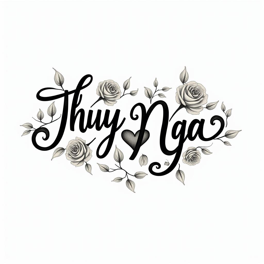 Thuy Nga Nguyen just the name inin elegant cursive calligraphy style 2d tattoo, decorate with roses, featuring a smooth and flowing handwritten script with slightly thickened strokes for a luxurious and bold appearance, heart symbol between names, sleek and glossy black text with shadowing, minimalist matte white background, clean and sharp edges, illuminated with soft lighting, romantic, 8k, high-quality textures with refined typography - Variation 2