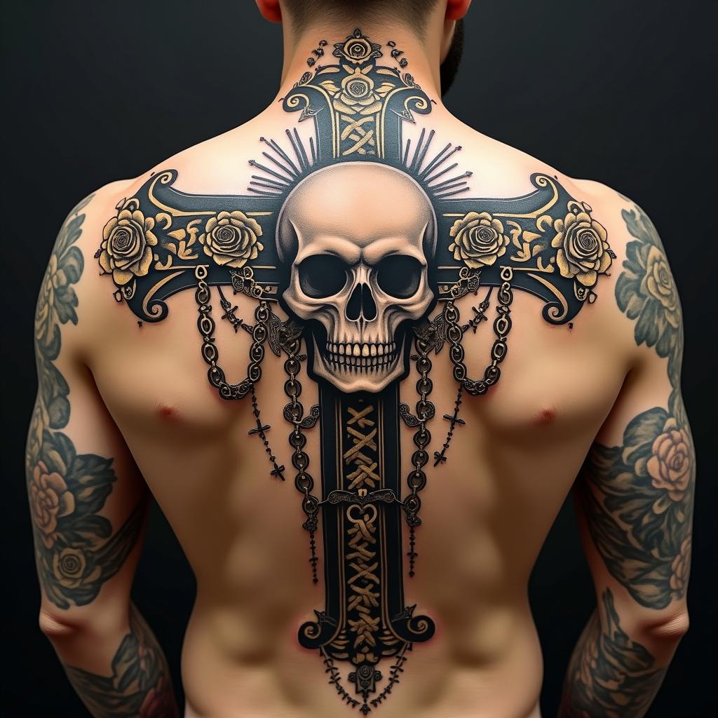 Skull on a cross with golden chains and banners on the right and left.in chicano style tattoo, featuring intricate black and grey shading, bold elements of traditional chicano culture symbols, add a big cross with skull, chains and roses - Variation 2