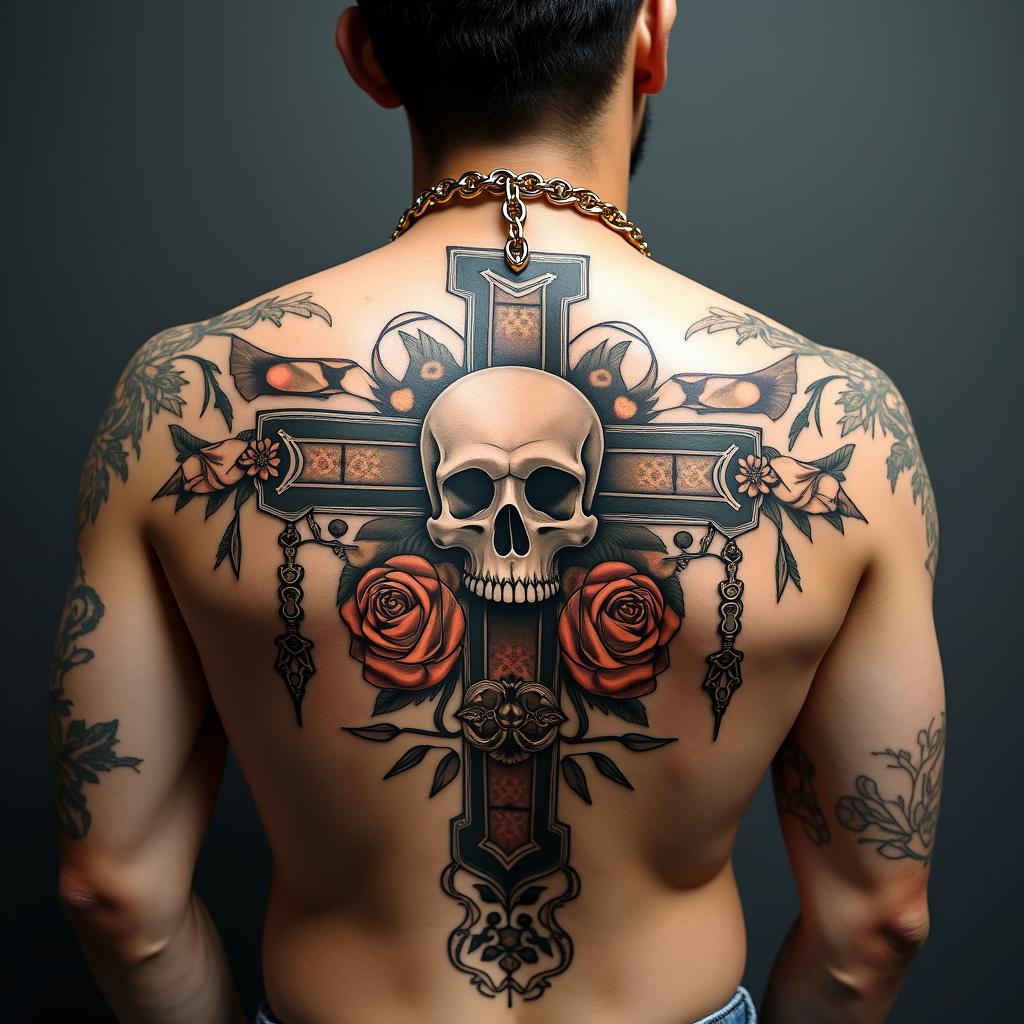 Skull on a cross with golden chains and banners on the right and left.in chicano style tattoo, featuring intricate black and grey shading, bold elements of traditional chicano culture symbols, add a big cross with skull, chains and roses - Variation 4