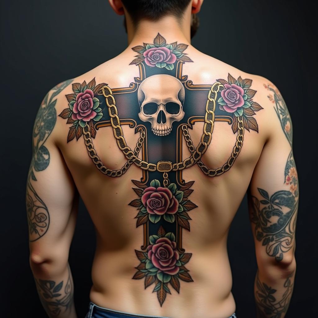 Skull on a cross with golden chains and banners on the right and left.in chicano style tattoo, featuring intricate black and grey shading, bold elements of traditional chicano culture symbols, add a big cross with skull, chains and roses