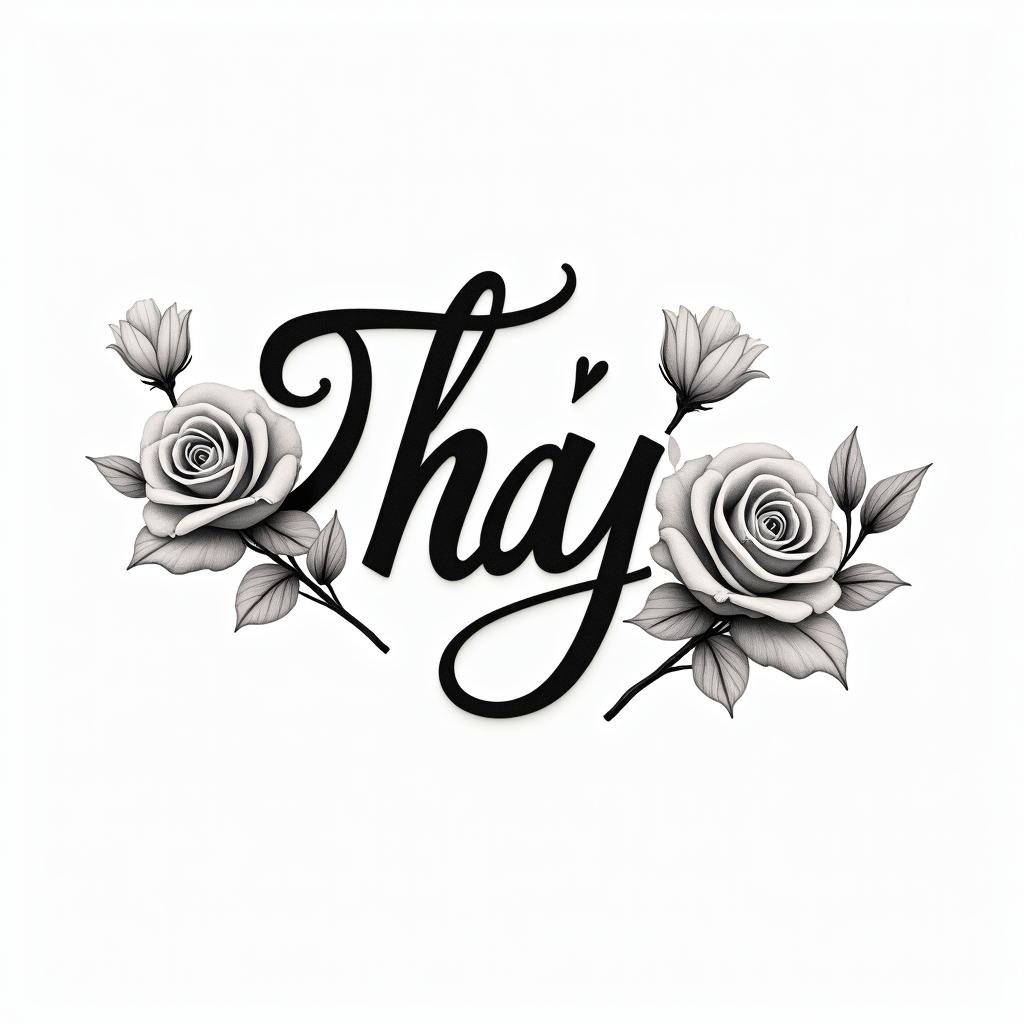 Thuy Nga Nguyen just the name in a style for a manin elegant cursive calligraphy style 2d tattoo, decorate with roses, featuring a smooth and flowing handwritten script with slightly thickened strokes for a luxurious and bold appearance,  heart symbol between names,  sleek and glossy black text with shadowing, minimalist matte white background, clean and sharp edges, illuminated with soft lighting, romantic, 8k, high-quality textures with refined typography - Variation 2