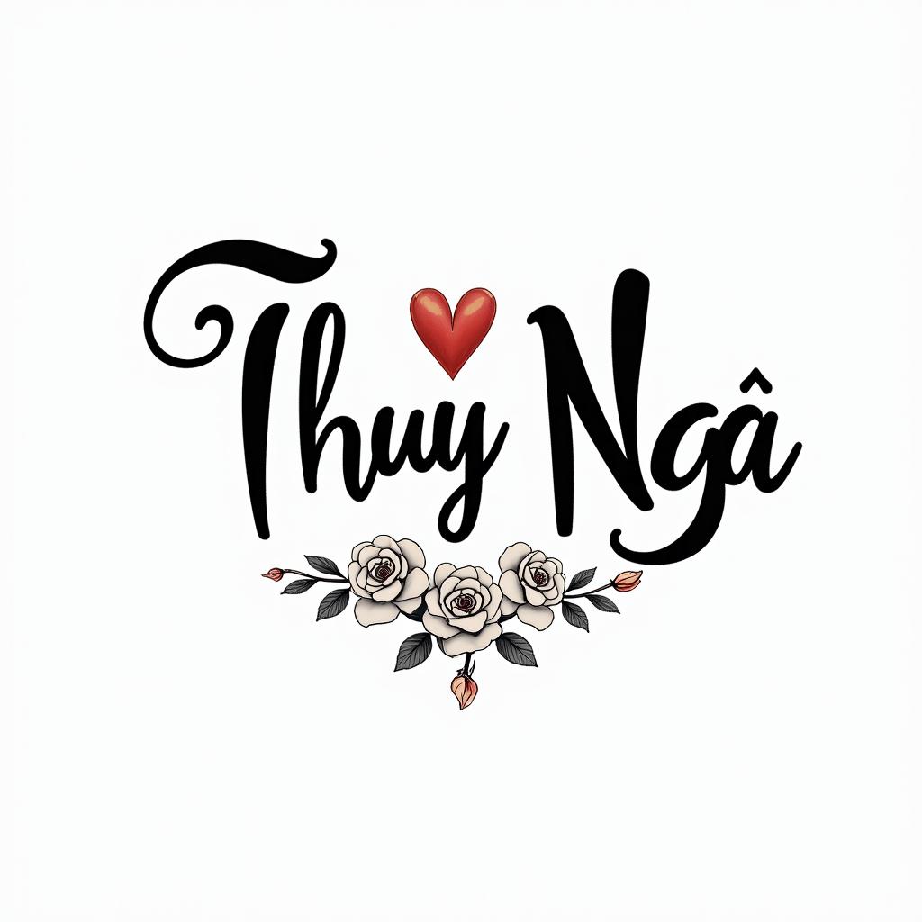 Thuy Nga Nguyen just the name in a style for a manin elegant cursive calligraphy style 2d tattoo, decorate with roses, featuring a smooth and flowing handwritten script with slightly thickened strokes for a luxurious and bold appearance,  heart symbol between names,  sleek and glossy black text with shadowing, minimalist matte white background, clean and sharp edges, illuminated with soft lighting, romantic, 8k, high-quality textures with refined typography