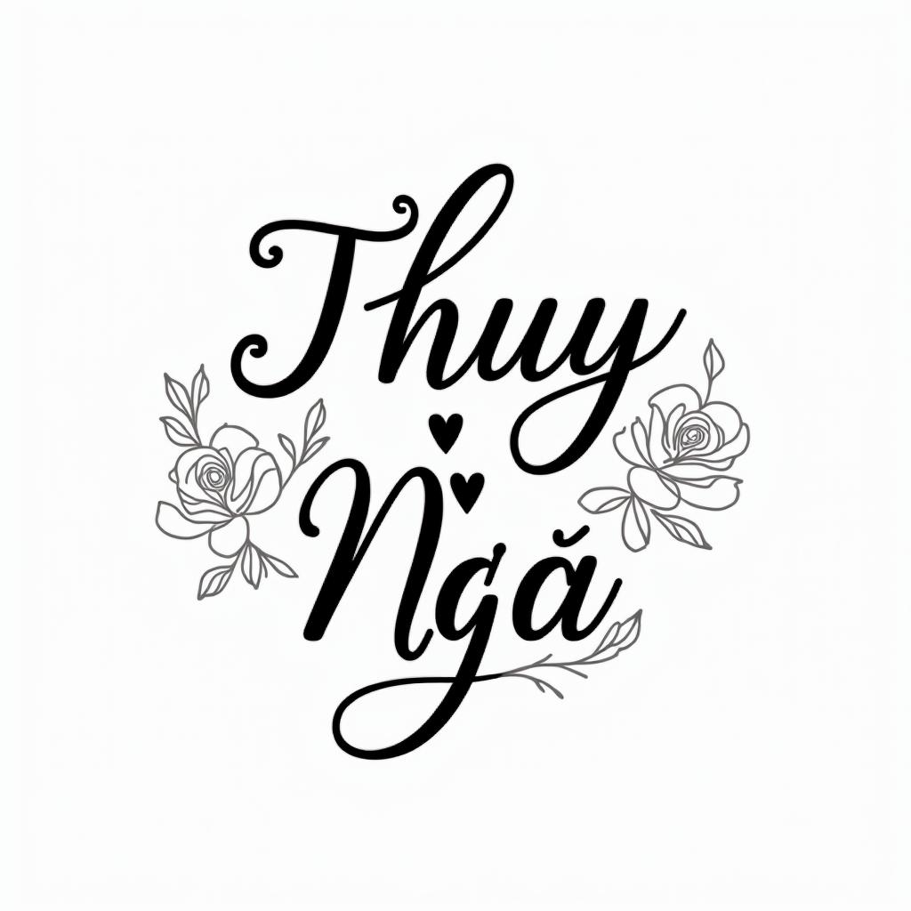Thuy Nga Nguyen just the name in a style for a manin elegant cursive calligraphy style 2d tattoo, decorate with roses, featuring a smooth and flowing handwritten script with slightly thickened strokes for a luxurious and bold appearance,  heart symbol between names,  sleek and glossy black text with shadowing, minimalist matte white background, clean and sharp edges, illuminated with soft lighting, romantic, 8k, high-quality textures with refined typography - Variation 3