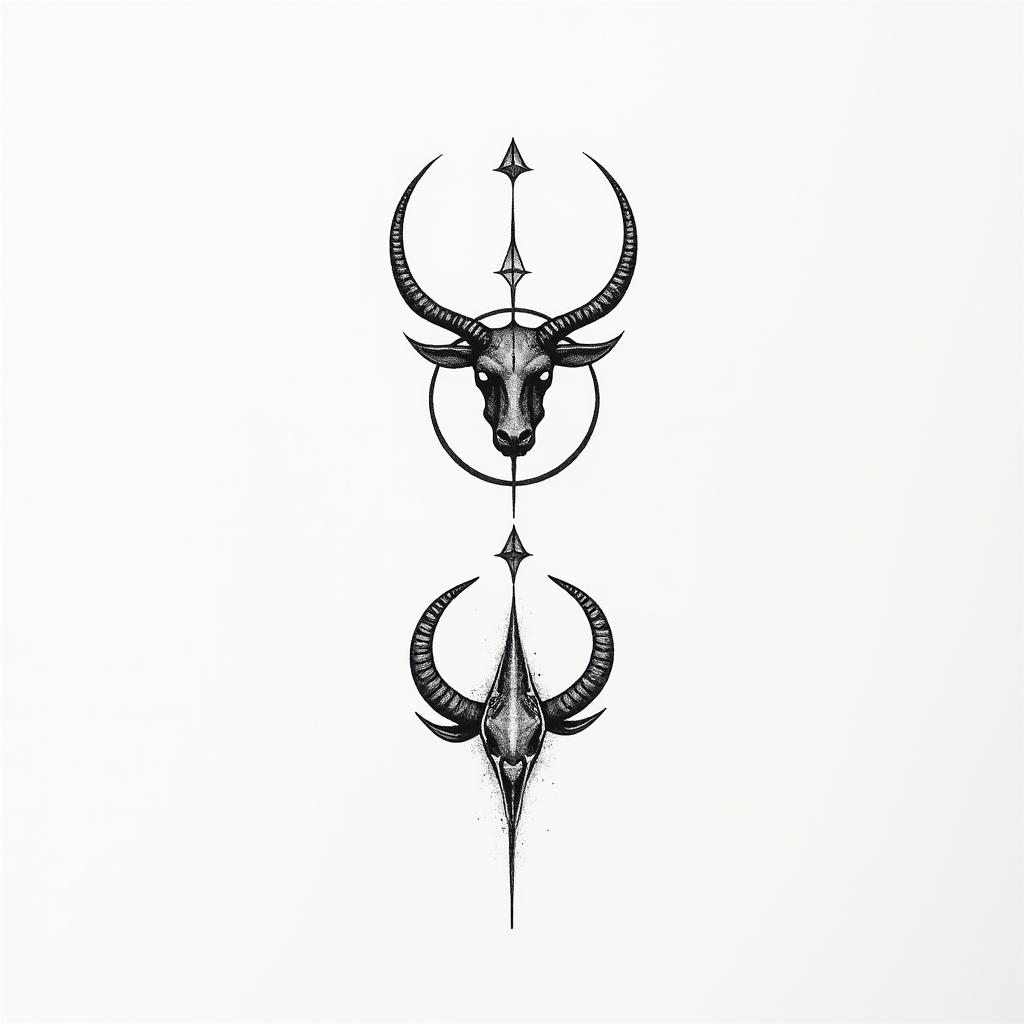 Mix between Scorpio and Taurusin minimalist style tattoo, featuring simple shapes and fine lines, with minimal shading and details, tiny triangles, creating a sense of balance and harmony - Variation 4