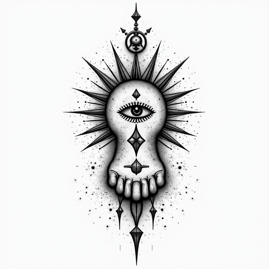 Footprints in the sandin spiritual symbols tattoo style, featuring an intricate design incorporating elements, Hamsa hand, third eye, minimalist composition - Variation 4