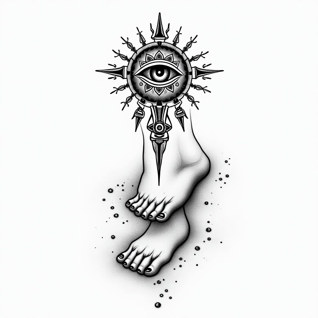 Footprints in the sandin spiritual symbols tattoo style, featuring an intricate design incorporating elements, Hamsa hand, third eye, minimalist composition
