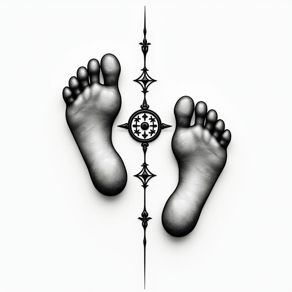 Footprints in the sandin spiritual symbols tattoo style, featuring an intricate design incorporating elements, Hamsa hand, third eye, minimalist composition - Variation 2