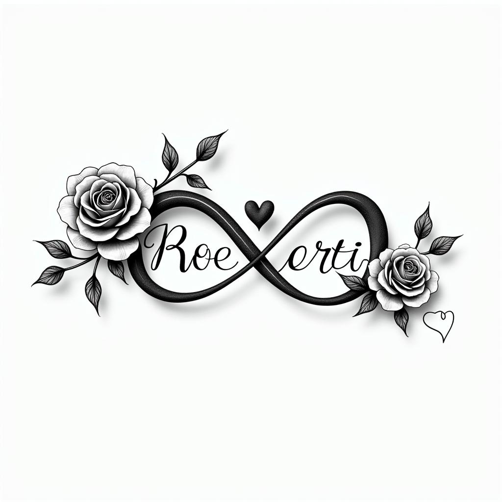 Robert written with the infinity symbolin elegant cursive calligraphy style 2d tattoo, decorate with roses, featuring a smooth and flowing handwritten script with slightly thickened strokes for a luxurious and bold appearance,  heart symbol between names,  sleek and glossy black text with shadowing, minimalist matte white background, clean and sharp edges, illuminated with soft lighting, romantic, 8k, high-quality textures with refined typography