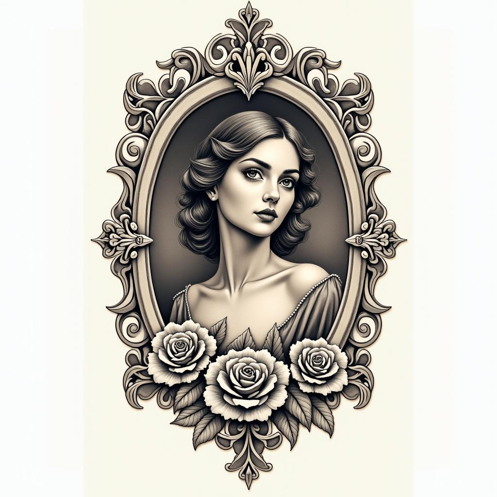 09-24-1990in victorian style tattoo, featuring vintage and elegant elements, ornate frames, roses, antique, sepia-toned color scheme