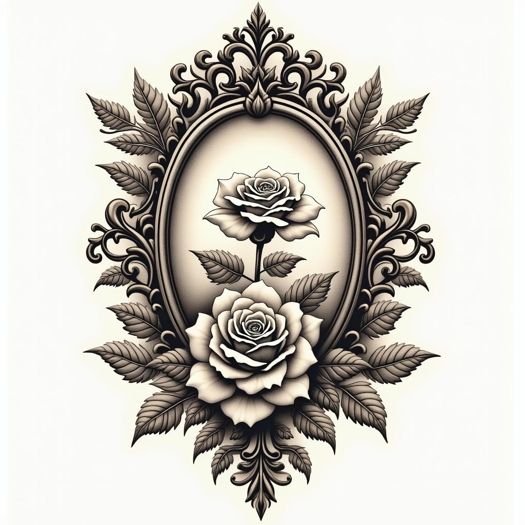 09-24-1990in victorian style tattoo, featuring vintage and elegant elements, ornate frames, roses, antique, sepia-toned color scheme - Variation 3