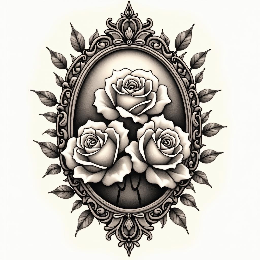 09-24-1990in victorian style tattoo, featuring vintage and elegant elements, ornate frames, roses, antique, sepia-toned color scheme - Variation 2