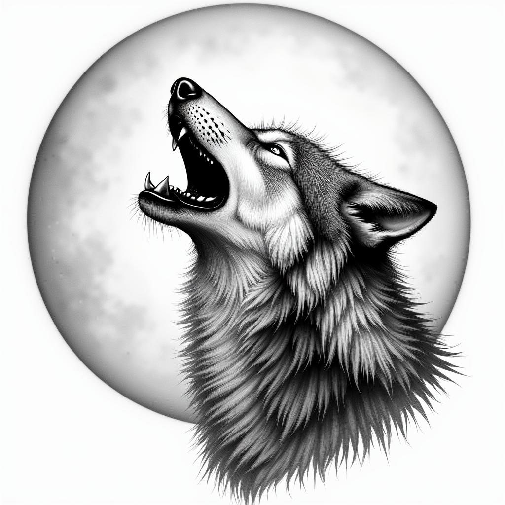 Howling wolf under a full moonhigly detailed tattoo - Variation 20