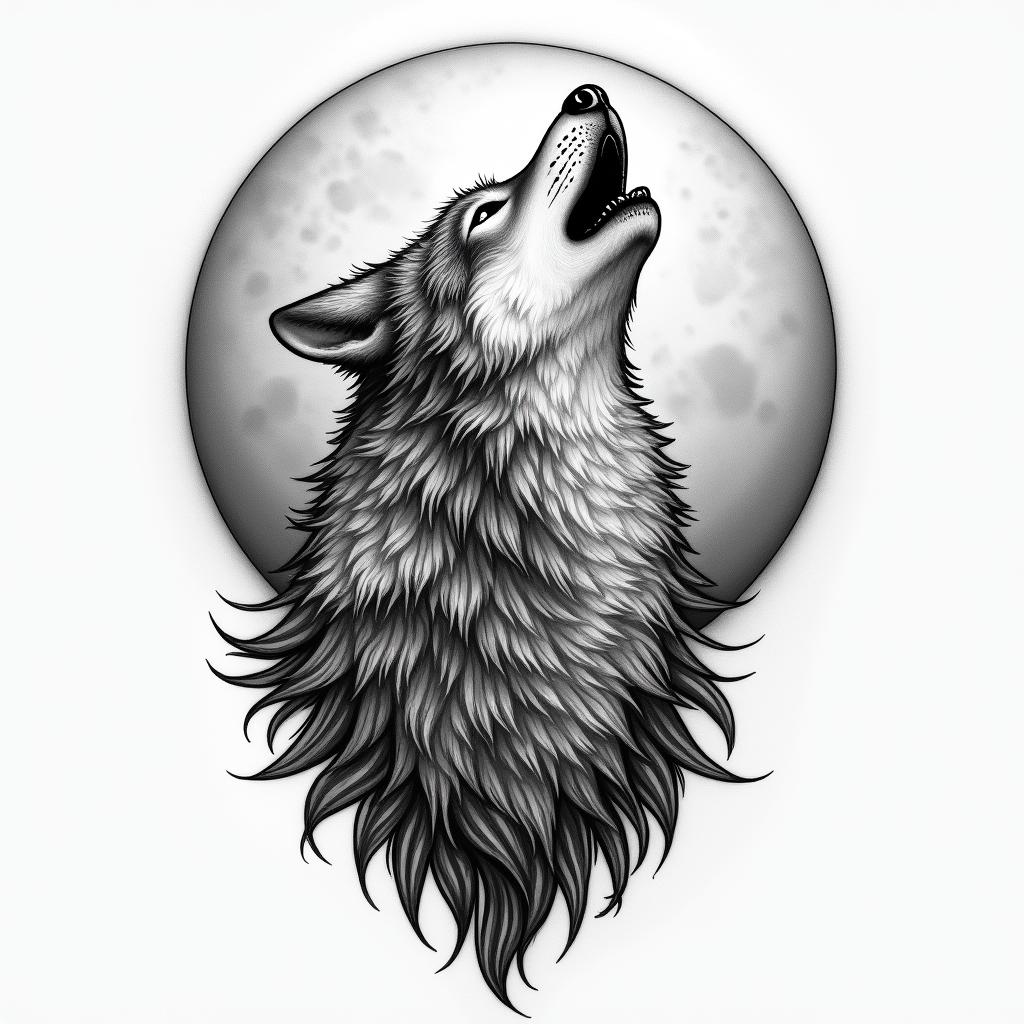Howling wolf under a full moonhigly detailed tattoo - Variation 21