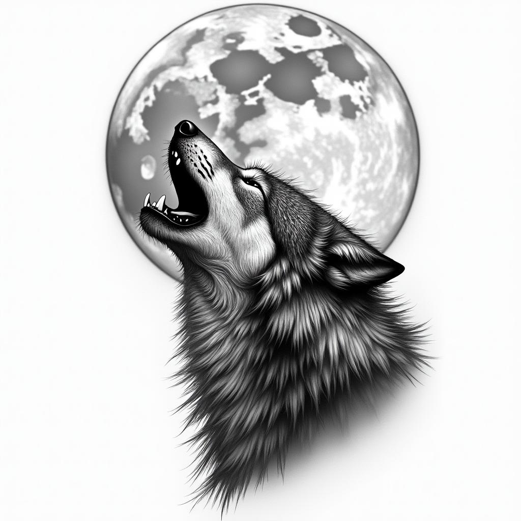 Howling wolf under a full moonhigly detailed tattoo - Variation 19