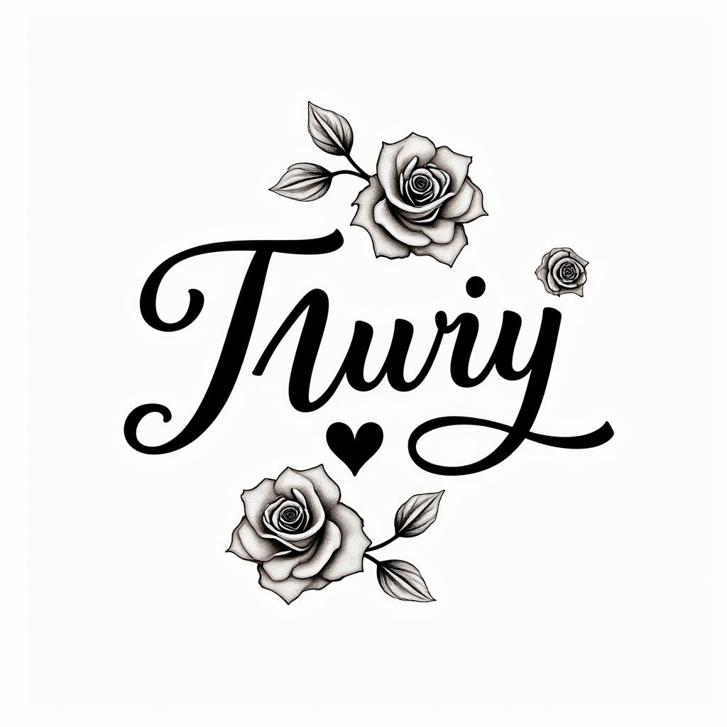 Thuy Nga Nguyen just the name for a men's tattooin elegant cursive calligraphy style 2d tattoo, decorate with roses, featuring a smooth and flowing handwritten script with slightly thickened strokes for a luxurious and bold appearance,  heart symbol between names,  sleek and glossy black text with shadowing, minimalist matte white background, clean and sharp edges, illuminated with soft lighting, romantic, 8k, high-quality textures with refined typography - Variation 2