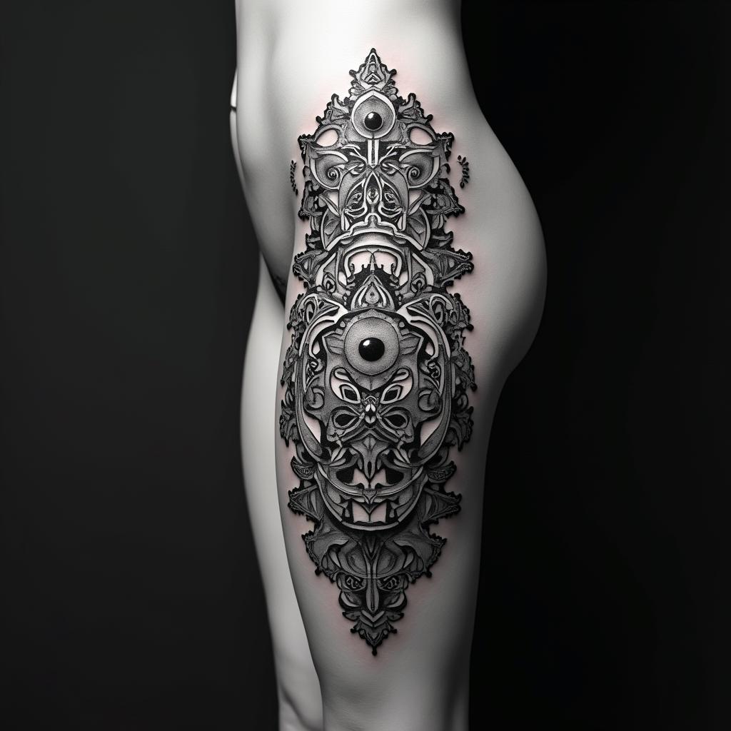 Mechanical gears fused with human anatomyin spiritual symbols tattoo style, featuring an intricate design incorporating elements, Hamsa hand, third eye, minimalist composition - Variation 4