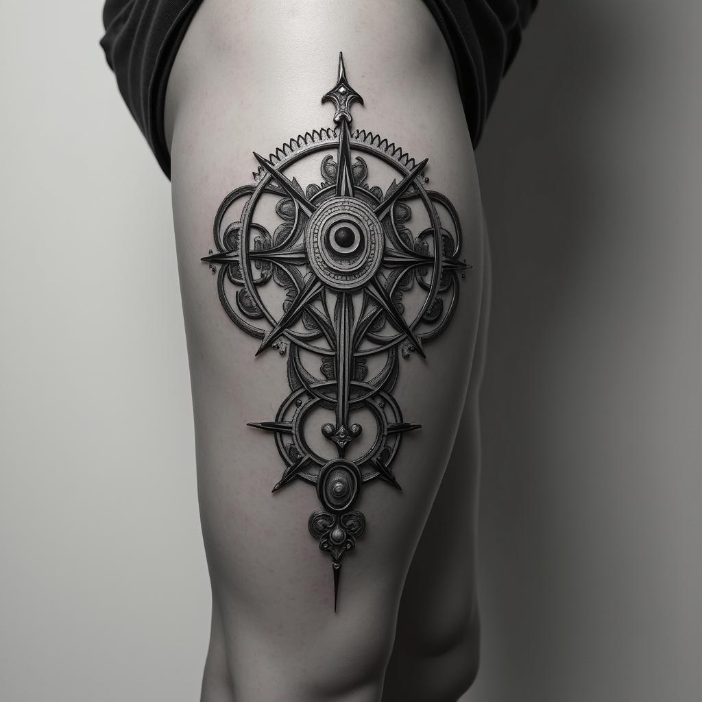 Mechanical gears fused with human anatomyin spiritual symbols tattoo style, featuring an intricate design incorporating elements, Hamsa hand, third eye, minimalist composition - Variation 3