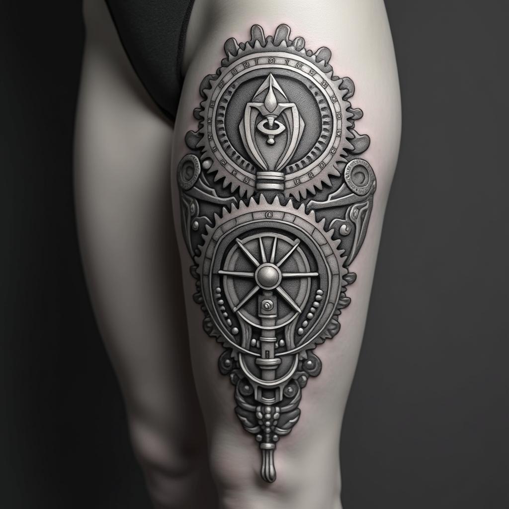 Mechanical gears fused with human anatomyin spiritual symbols tattoo style, featuring an intricate design incorporating elements, Hamsa hand, third eye, minimalist composition