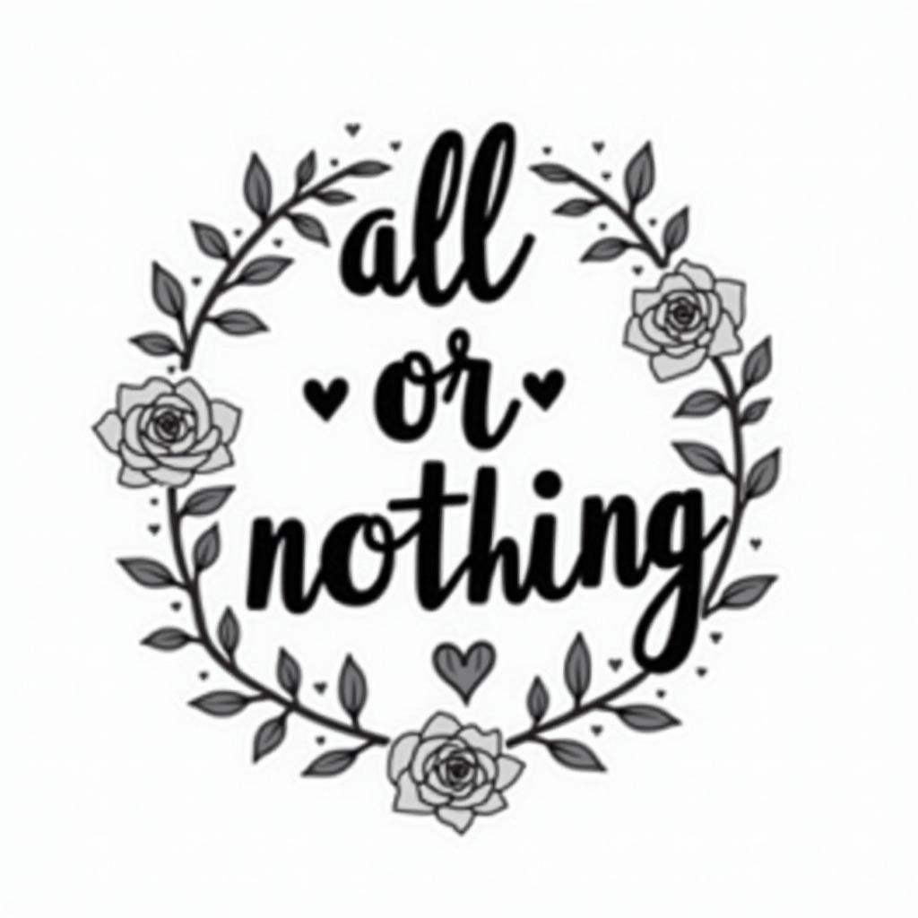 All or nothingin elegant cursive calligraphy style 2d tattoo, decorate with roses, featuring a smooth and flowing handwritten script with slightly thickened strokes for a luxurious and bold appearance, heart symbol between names, sleek and glossy black text with shadowing, minimalist matte white background, clean and sharp edges, illuminated with soft lighting, romantic, 8k, high-quality textures with refined typography - Variation 2