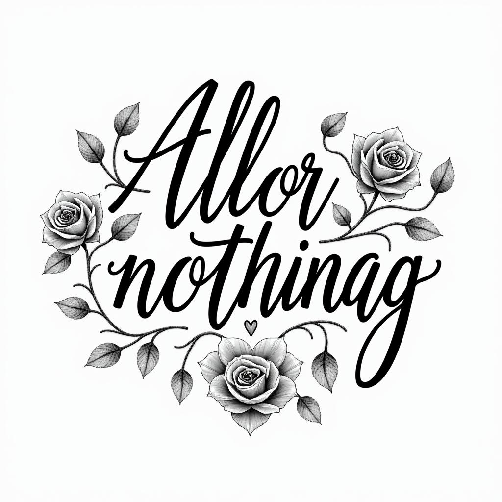 All or nothingin elegant cursive calligraphy style 2d tattoo, decorate with roses, featuring a smooth and flowing handwritten script with slightly thickened strokes for a luxurious and bold appearance, heart symbol between names, sleek and glossy black text with shadowing, minimalist matte white background, clean and sharp edges, illuminated with soft lighting, romantic, 8k, high-quality textures with refined typography - Variation 3