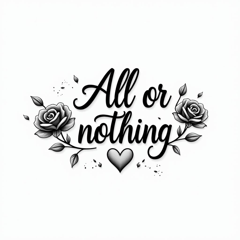 All or nothingin elegant cursive calligraphy style 2d tattoo, decorate with roses, featuring a smooth and flowing handwritten script with slightly thickened strokes for a luxurious and bold appearance, heart symbol between names, sleek and glossy black text with shadowing, minimalist matte white background, clean and sharp edges, illuminated with soft lighting, romantic, 8k, high-quality textures with refined typography