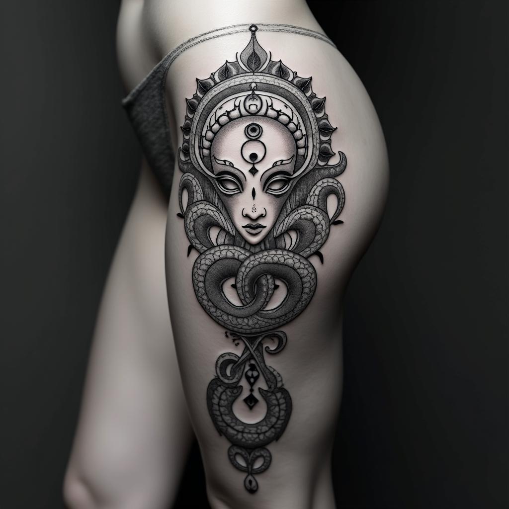Medusain spiritual symbols tattoo style, featuring an intricate design incorporating elements, Hamsa hand, third eye, minimalist composition - Variation 11