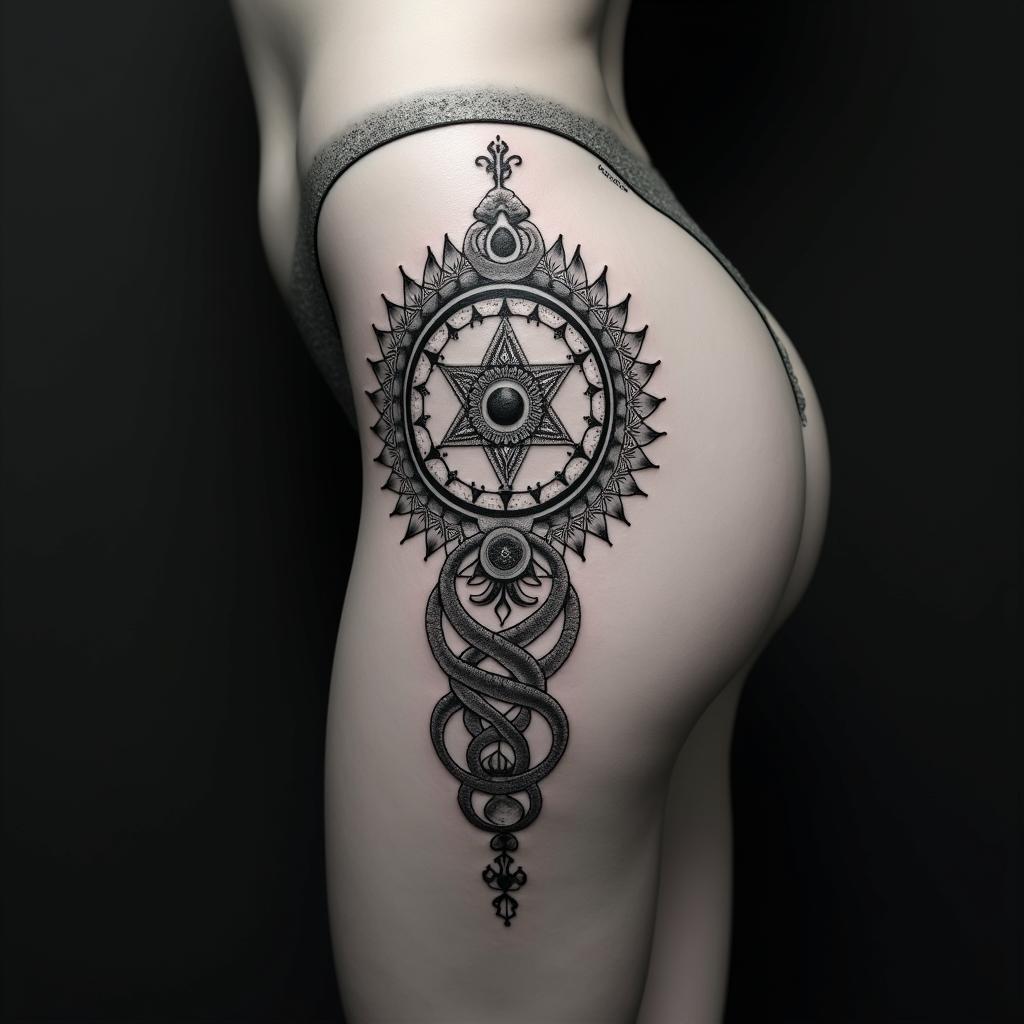 Medusain spiritual symbols tattoo style, featuring an intricate design incorporating elements, Hamsa hand, third eye, minimalist composition - Variation 9