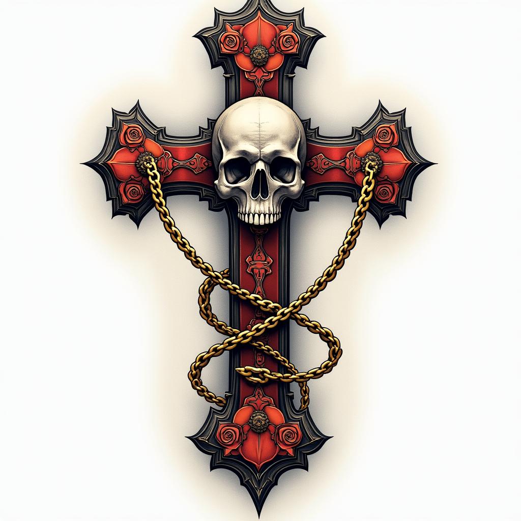 Cross decorated with skull and golden chains on a base of skeletons.in chicano style tattoo, featuring intricate black and grey shading, bold elements of traditional chicano culture symbols, add a big cross with skull, chains and roses