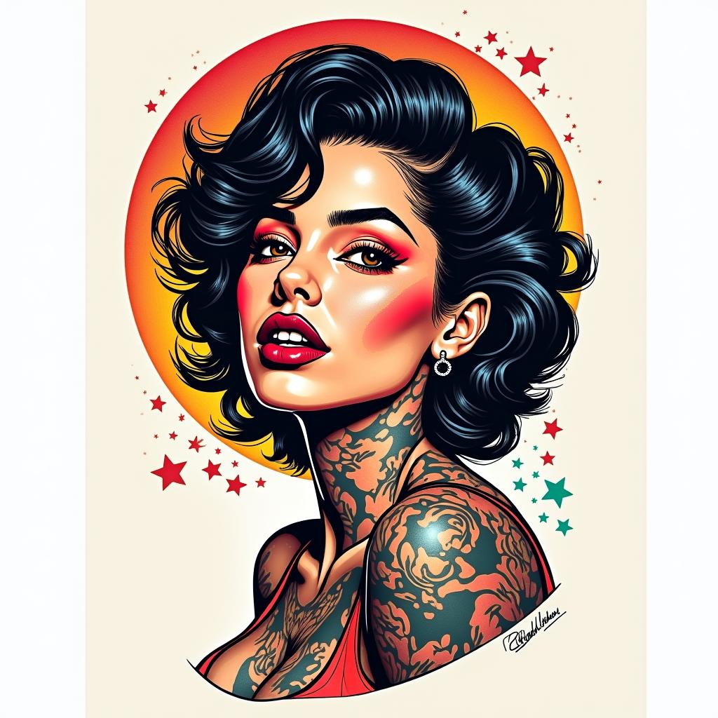 Esmarlyn Tauro Dominicanin pop art style tattoo, featuring bold and vibrant colors, exaggerated outlines, iconic imagery, inspired by comic books and speech bubbles, comic book characters, retro pop culture - Variation 2
