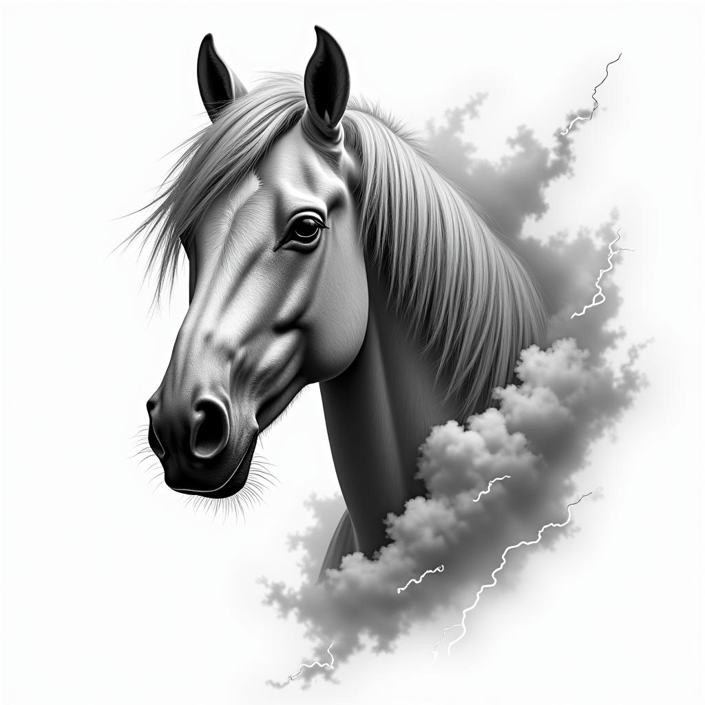 Horse, lightning, cloudin portrait tattoo style, featuring a highly realistic and detailed depiction 