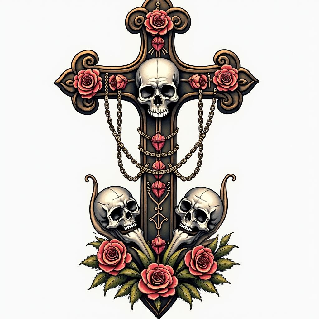 Cross decorated with bones with skulls in the middle and golden chains on a pedestal of skeletons.in chicano style tattoo, featuring intricate black and grey shading, bold elements of traditional chicano culture symbols, add a big cross with skull, chains and roses - Variation 2