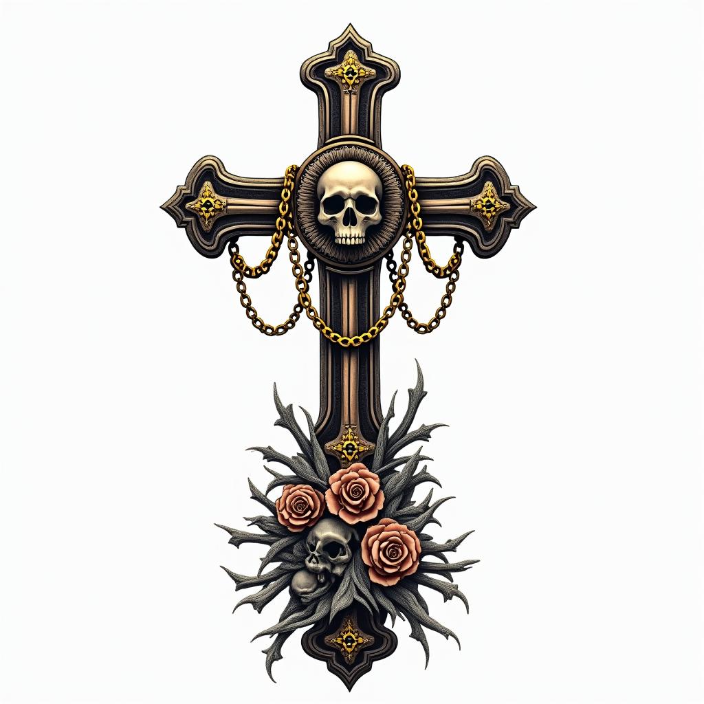 Cross decorated with bones with skulls in the middle and golden chains on a pedestal of skeletons.in chicano style tattoo, featuring intricate black and grey shading, bold elements of traditional chicano culture symbols, add a big cross with skull, chains and roses