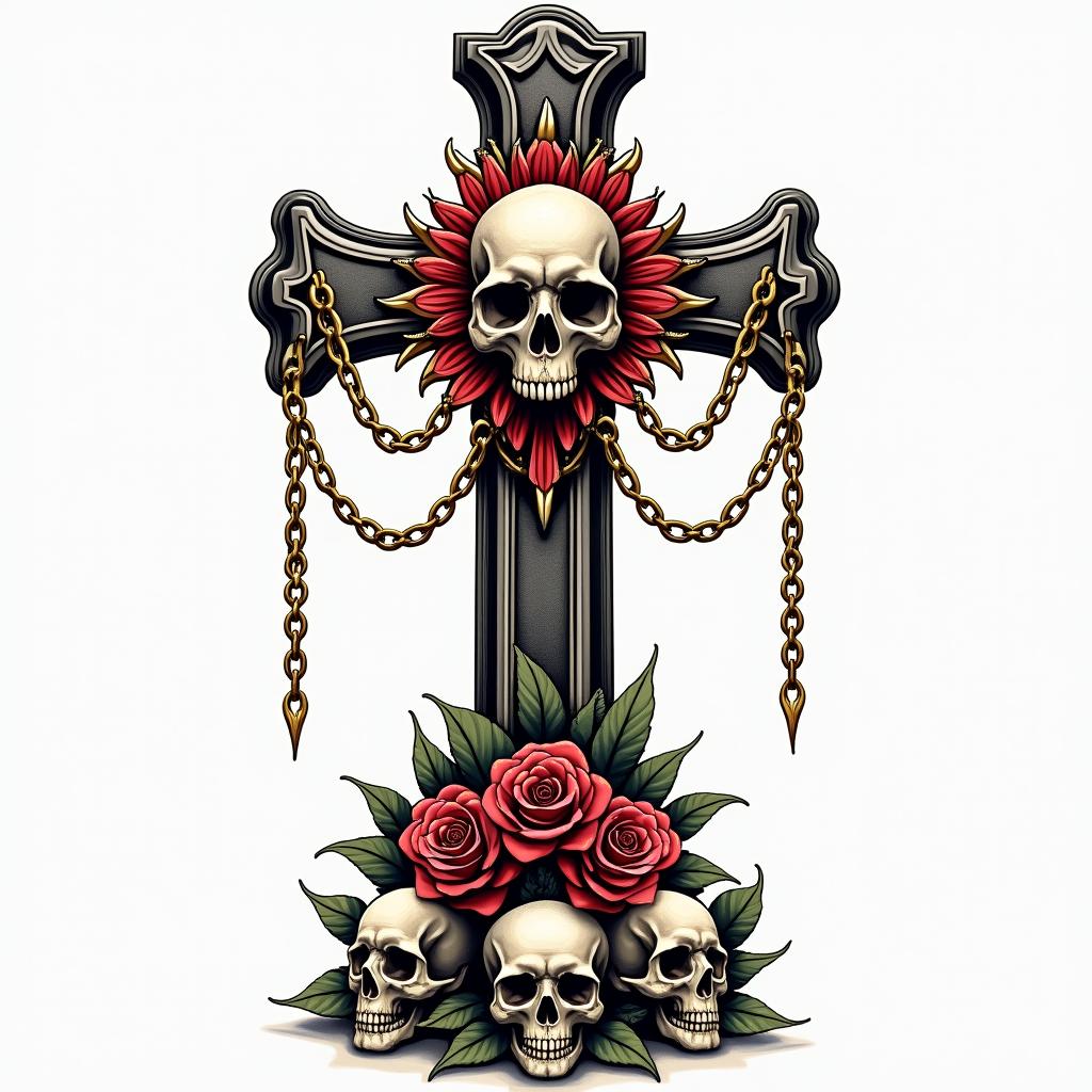 Cross decorated with bones with skulls in the middle and golden chains on a pedestal of skeletons.in chicano style tattoo, featuring intricate black and grey shading, bold elements of traditional chicano culture symbols, add a big cross with skull, chains and roses - Variation 4