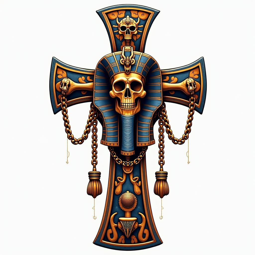 Cross decorated with bones with skull in the middle and golden chains.in egyptian style tattoo, bold elements of ancient egyptian culture including a portrait of an Egyptian pharaoh with detailed facial features, in hieroglyphs and symbolic imagery, eye of horus, ankh symbol, scarab beetle