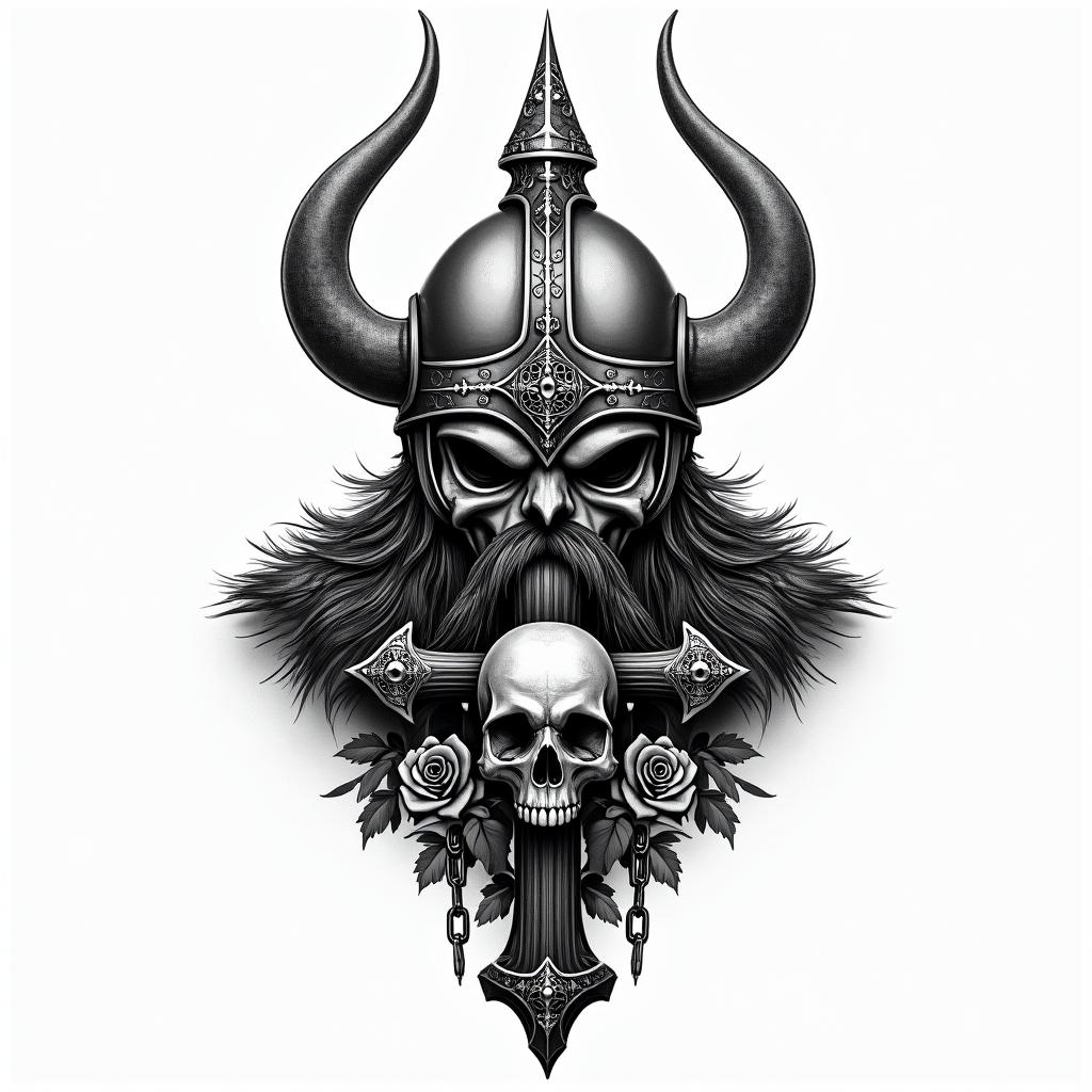 Fierce Viking with intricate helmet designin chicano style tattoo, featuring intricate black and grey shading, bold elements of traditional chicano culture symbols, add a big cross with skull, chains and roses - Variation 5