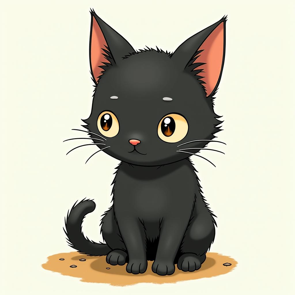 Exotic shorthair blackGhibli, Studio Ghibli aesthetic, hand-drawn anime style, retro nostalgic atmosphere, retro soft pastel color palette with earthy tones, retro Japanese cinematic shot, yellow tint effect, bald character, smooth surface, anime shadow 90's anime style - Variation 3