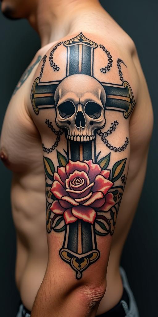 Flowersin chicano style tattoo, featuring intricate black and grey shading, bold elements of traditional chicano culture symbols, add a big cross with skull, chains and roses - Variation 3