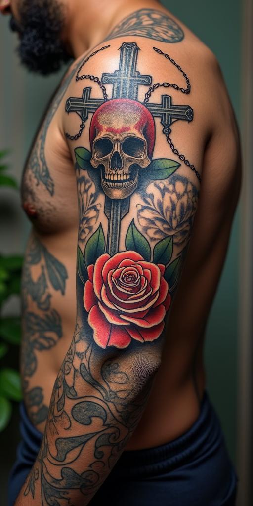 Flowersin chicano style tattoo, featuring intricate black and grey shading, bold elements of traditional chicano culture symbols, add a big cross with skull, chains and roses - Variation 2